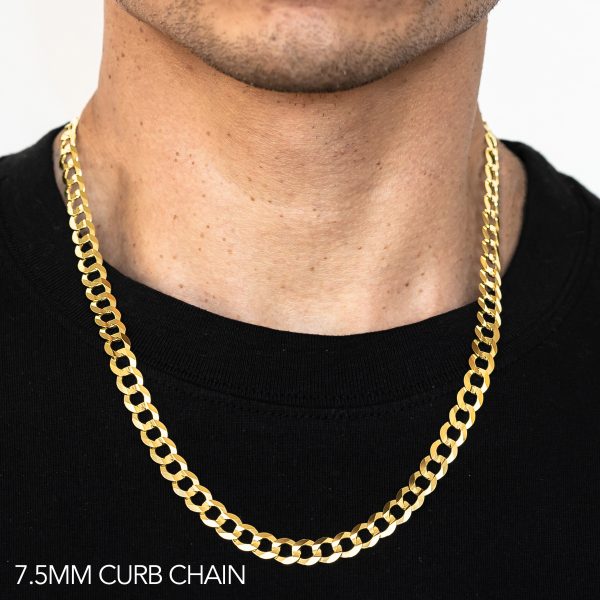 10K 7.5MM YELLOW GOLD HOLLOW CURB 18" CHAIN NECKLACE (AVAILABLE IN LENGTHS 7" - 30")