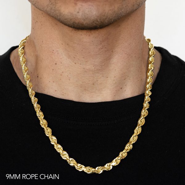 10K 9MM YELLOW GOLD DC HOLLOW ROPE 18" CHAIN NECKLACE (AVAILABLE IN LENGTHS 7" - 30")