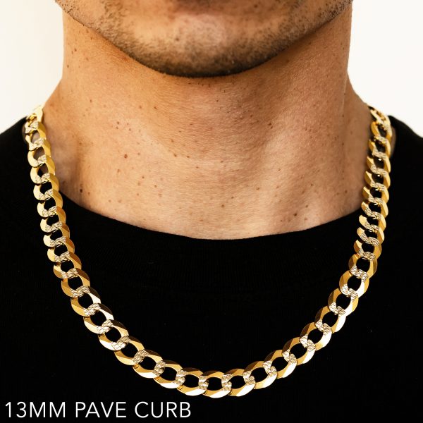 14K 13MM YELLOW GOLD SOLID PAVE CURB 22" CHAIN NECKLACE (AVAILABLE IN LENGTHS 7" - 30")