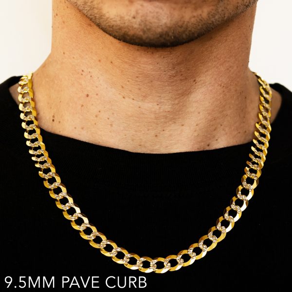 10K 9.5MM YELLOW GOLD SOLID PAVE CURB 24" CHAIN NECKLACE (AVAILABLE IN LENGTHS 7" - 30")