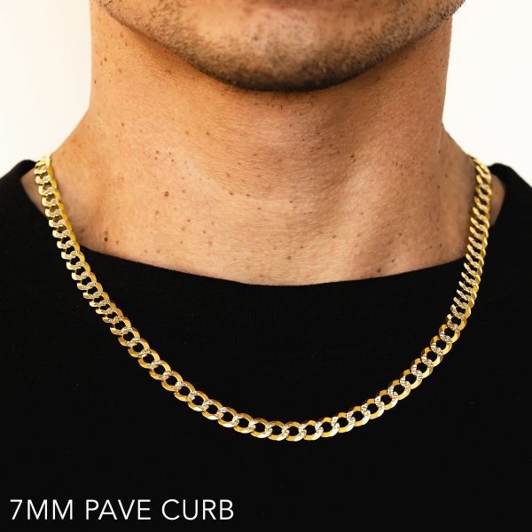 10K 7MM YELLOW GOLD SOLID PAVE CURB 28" CHAIN NECKLACE (AVAILABLE IN LENGTHS 7" - 30")