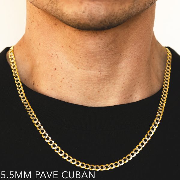 10K 5.5MM YELLOW GOLD SOLID PAVE CURB 20" CHAIN NECKLACE (AVAILABLE IN LENGTHS 7" - 30")