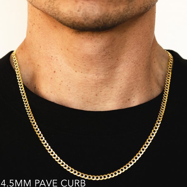 10K 4.5MM YELLOW GOLD SOLID PAVE CURB 28" CHAIN NECKLACE (AVAILABLE IN LENGTHS 7" - 30")