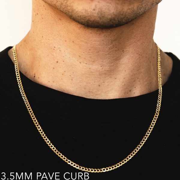 10K 3.5MM YELLOW GOLD SOLID PAVE CURB 24" CHAIN NECKLACE (AVAILABLE IN LENGTHS 7" - 30")