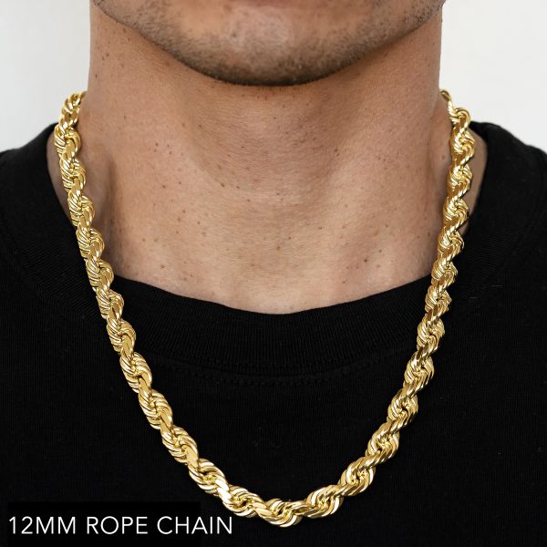 10K 12MM YELLOW GOLD SOLID DC ROPE 24" CHAIN NECKLACE (AVAILABLE IN LENGTHS 7" - 30")