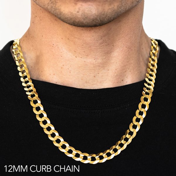 14K 12MM YELLOW GOLD SOLID CURB 18" CHAIN NECKLACE (AVAILABLE IN LENGTHS 7" - 30")