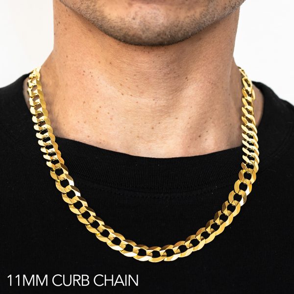 14K 11MM YELLOW GOLD SOLID CURB 18" CHAIN NECKLACE (AVAILABLE IN LENGTHS 7" - 30")