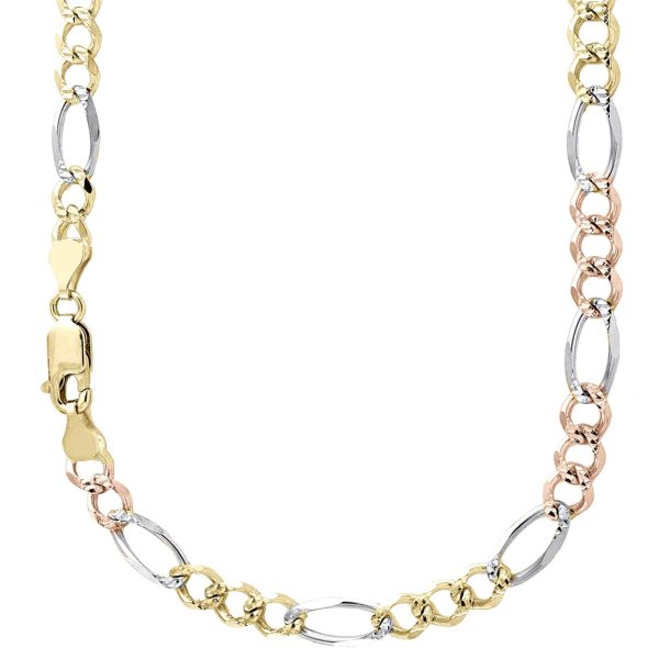 14K 6MM TRICOLOR GOLD SOLID FIGARO 22" CHAIN NECKLACE (AVAILABLE IN LENGTHS 7" - 30")