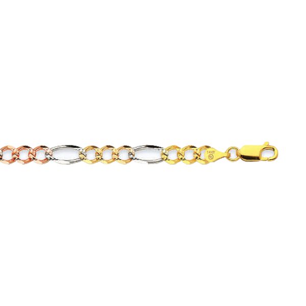 14K 5MM TRICOLOR GOLD HOLLOW FIGARO 28" CHAIN NECKLACE (AVAILABLE IN LENGTHS 7" - 30") - Image 2
