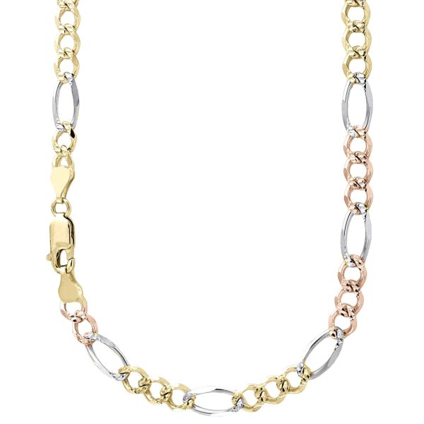 14K 5MM TRICOLOR GOLD HOLLOW FIGARO 22" CHAIN NECKLACE (AVAILABLE IN LENGTHS 7" - 30")