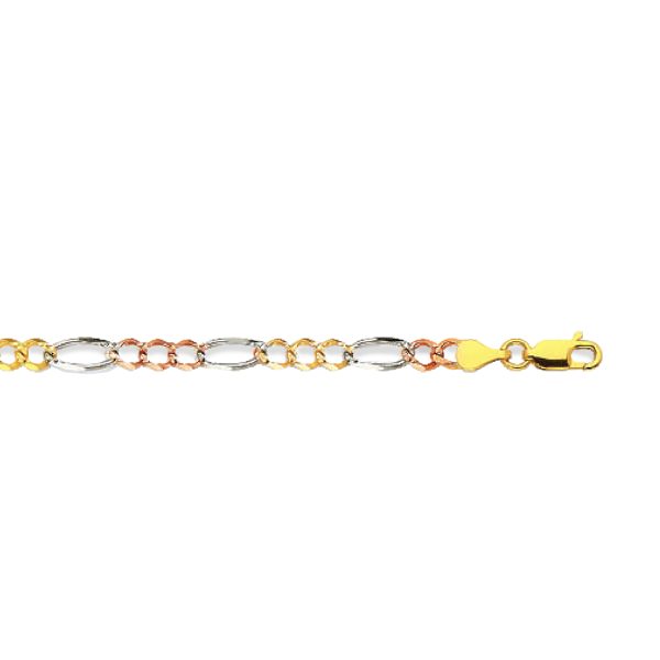 14K 4.5MM TRICOLOR GOLD HOLLOW FIGARO 16" CHAIN NECKLACE (AVAILABLE IN LENGTHS 7" - 30") - Image 2