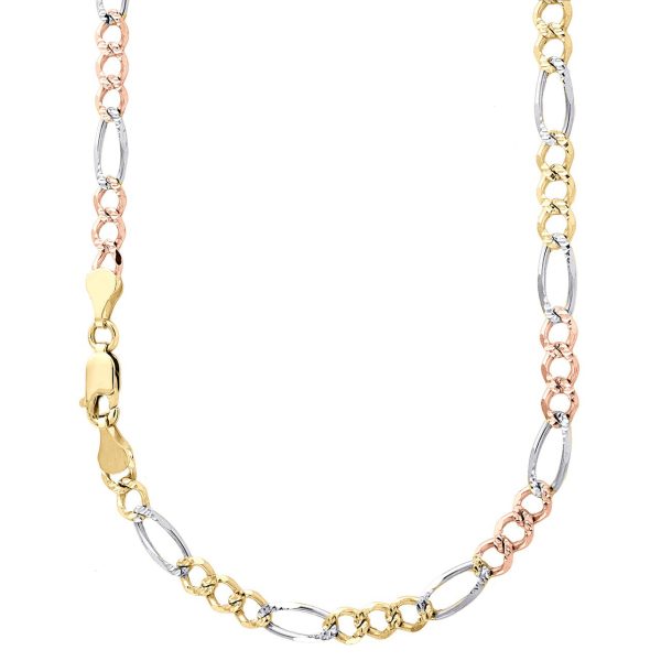 14K 4.5MM TRICOLOR GOLD HOLLOW FIGARO 22" CHAIN NECKLACE (AVAILABLE IN LENGTHS 7" - 30")