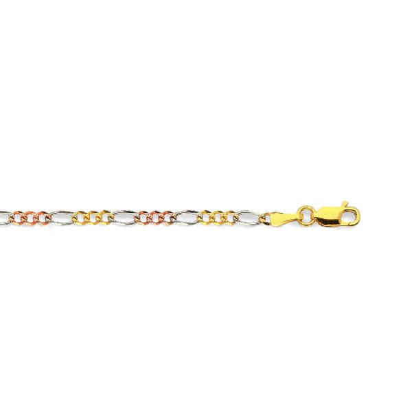 14K 2.5MM TRICOLOR GOLD SOLID FIGARO 20" CHAIN NECKLACE (AVAILABLE IN LENGTHS 7" - 30") - Image 2