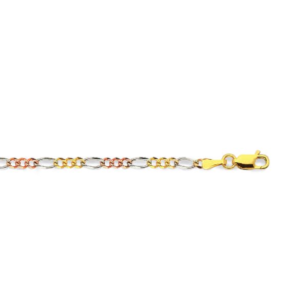 14K 2.5MM TRICOLOR GOLD SOLID FIGARO 26" CHAIN NECKLACE (AVAILABLE IN LENGTHS 7" - 30") - Image 2