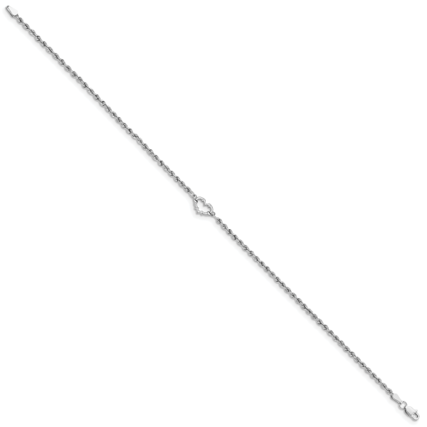 14k White Gold Diamond-cut Rope with Heart 10in Anklet - Image 2