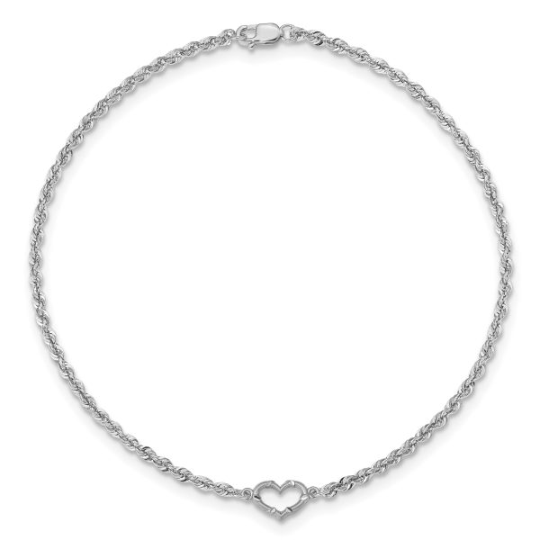 14k White Gold Diamond-cut Rope with Heart 10in Anklet - Image 3