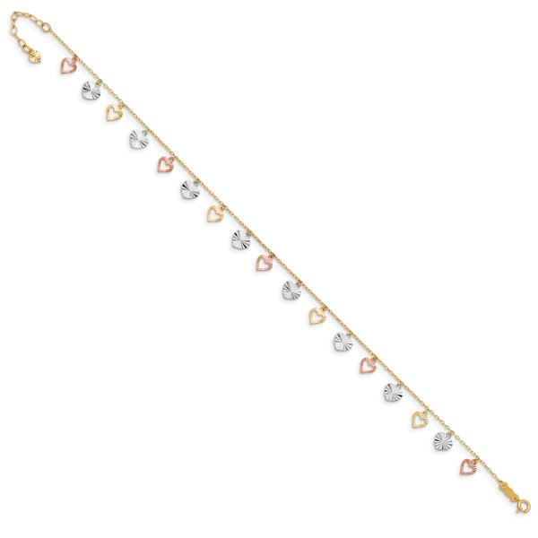 18K Tri-Color Heart 9in Plus 1in ext  Anklet - Image 2