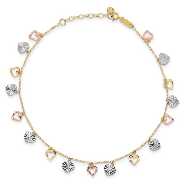 18K Tri-Color Heart 9in Plus 1in ext  Anklet - Image 3