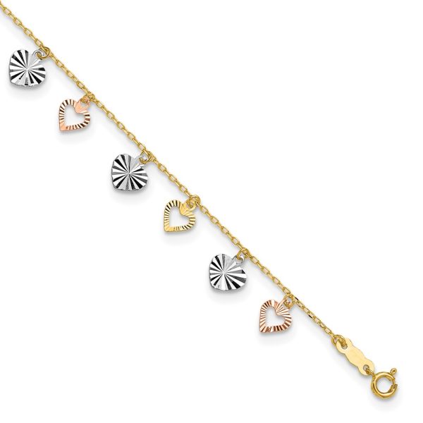 18K Tri-Color Heart 9in Plus 1in ext  Anklet