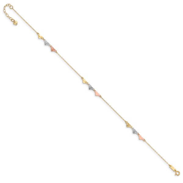 14K Tri-Color Diamond-cut Hearts 9in Plus 1in ext  Anklet - Image 2