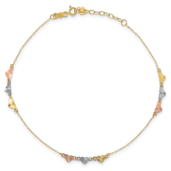 14K Tri-Color Diamond-cut Hearts 9in Plus 1in ext  Anklet - Image 3