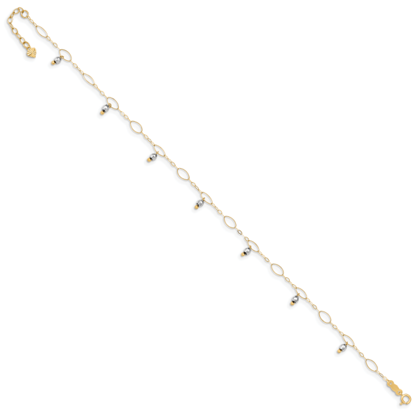 14K Two-Tone Mirror Beaded 9in Plus 1in ext. Anklet - Image 2