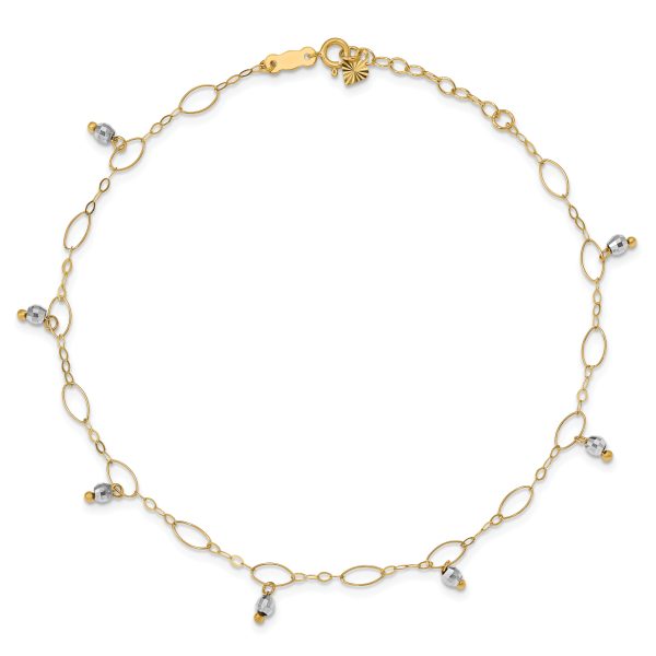 14K Two-Tone Mirror Beaded 9in Plus 1in ext. Anklet - Image 3