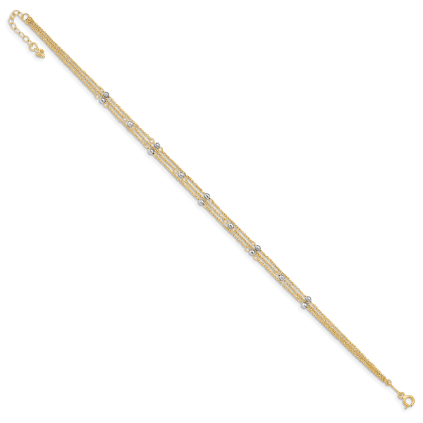 14k Two-tone Triple Strand 9in Plus 1in ext. Anklet - Image 2