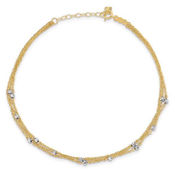 14k Two-tone Triple Strand 9in Plus 1in ext. Anklet - Image 3