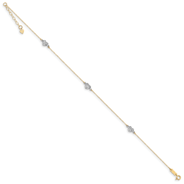 14k Two-tone Puff Heart 9in Plus 1in ext Anklet - Image 2