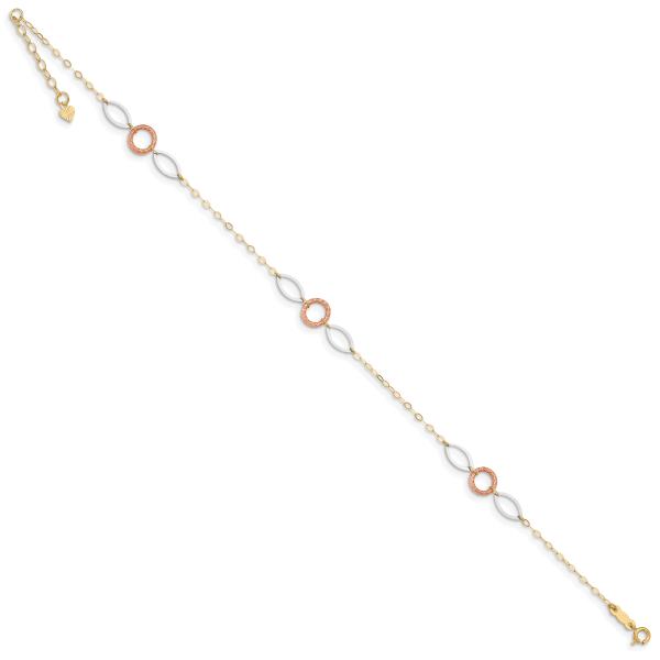 14k Tri-color Circle and Oval 9in Plus 1in ext. Anklet - Image 2