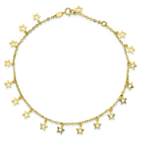 14k Polished and Textured Star 9in Plus 1in ext. Anklet - Image 4