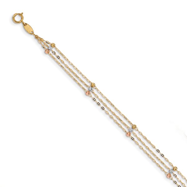 14k Tri-color 3-Strand Diamond-cut Beaded 9in Plus 1in ext Anklet - Image 2