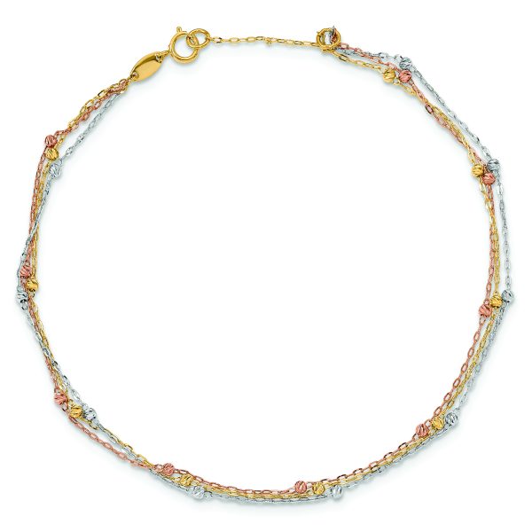 14k Tri-color 3-Strand Diamond-cut Beaded 9in Plus 1in ext Anklet - Image 4