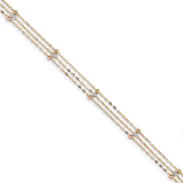 14k Tri-color 3-Strand Diamond-cut Beaded 9in Plus 1in ext Anklet