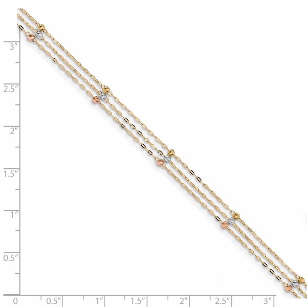 14k Tri-color 3-Strand Diamond-cut Beaded 9in Plus 1in ext Anklet - Image 3