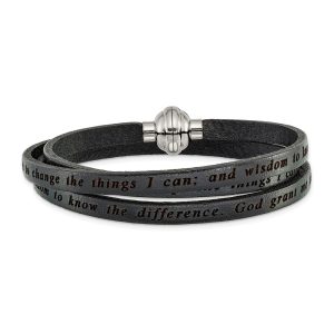 Stainless Steel Serenity Prayer Black Leather Wrap 21 Inch Bracelet