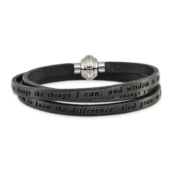 Stainless Steel Serenity Prayer Black Leather Wrap 21 Inch Bracelet
