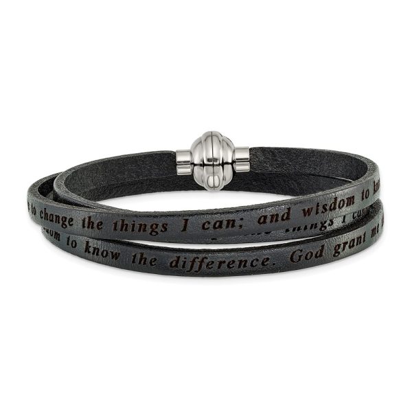 Stainless Steel Serenity Prayer Black Leather Wrap 23.5 Inch Bracelet