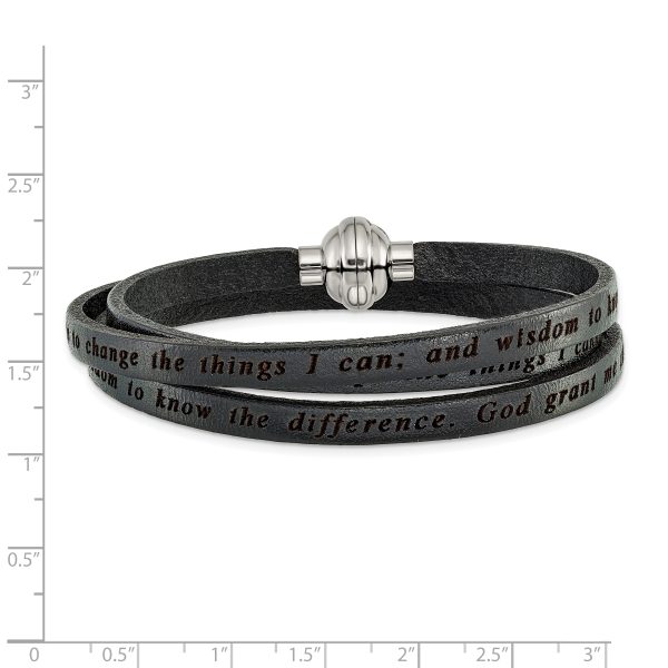 Stainless Steel Serenity Prayer Black Leather Wrap 21 Inch Bracelet - Image 2