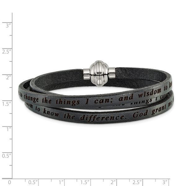 Stainless Steel Serenity Prayer Black Leather Wrap 23.5 Inch Bracelet - Image 2