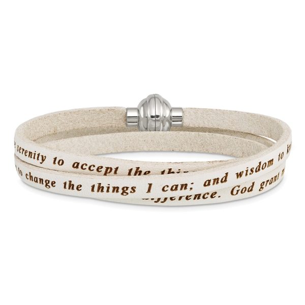 Stainless Steel Serenity Prayer White Leather Wrap 23.5 Inch Bracelet