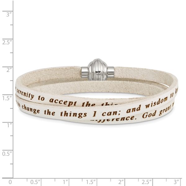 Stainless Steel Serenity Prayer White Leather Wrap 23.5 Inch Bracelet - Image 2