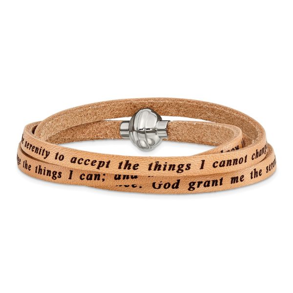 Stainless Steel Serenity Prayer Tan Leather Wrap 21 Inch Bracelet