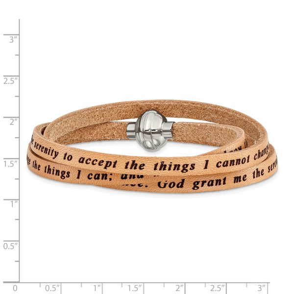 Stainless Steel Serenity Prayer Tan Leather Wrap 21 Inch Bracelet - Image 3