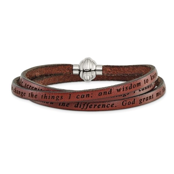 Stainless Steel Serenity Prayer Brown Leather Wrap 22.25 Inch Bracelet