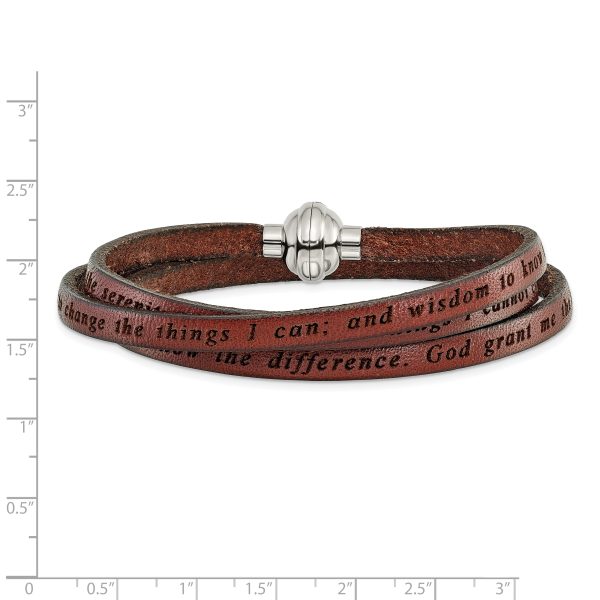 Stainless Steel Serenity Prayer Brown Leather Wrap 22.25 Inch Bracelet - Image 2