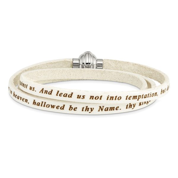 Stainless Steel Lord's Prayer White Leather Wrap 21 Inch Bracelet