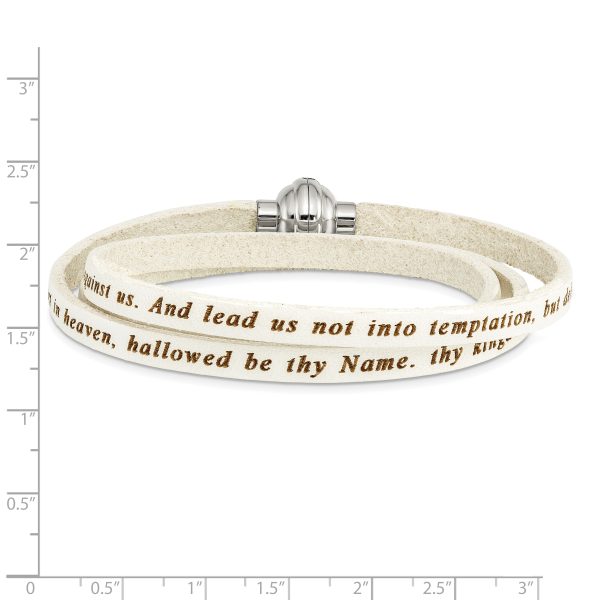 Stainless Steel Lord's Prayer White Leather Wrap 21 Inch Bracelet - Image 2