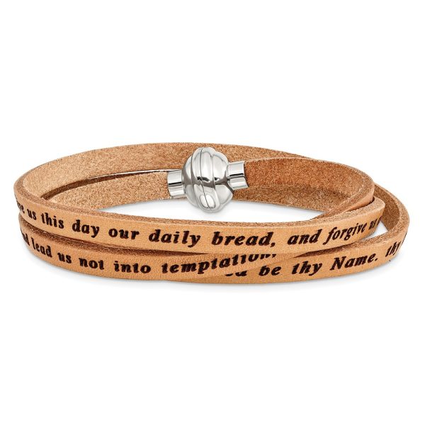 Stainless Steel Lord's Prayer Tan Leather Wrap 22.25 Inch Bracelet